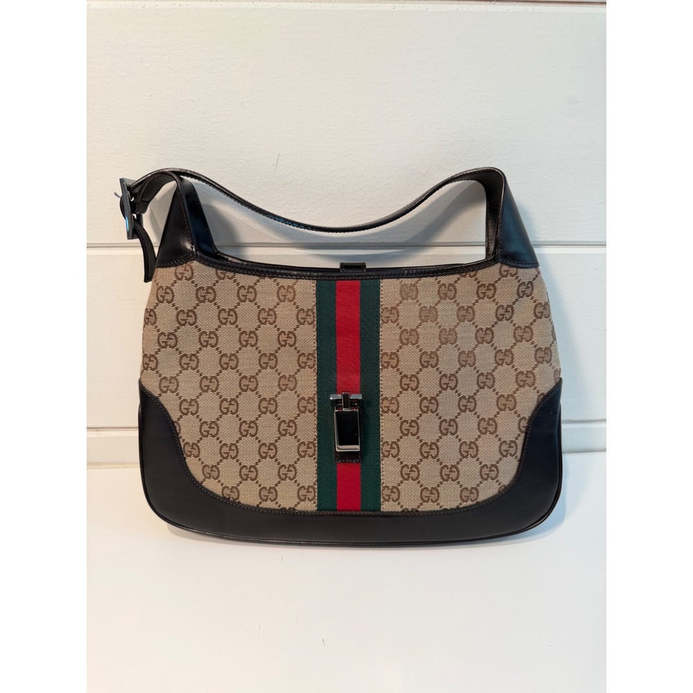 Gucci Jackie O GG Supreme Canvas Web Stripe Hobo Bag Brown Leather Trim Vintage